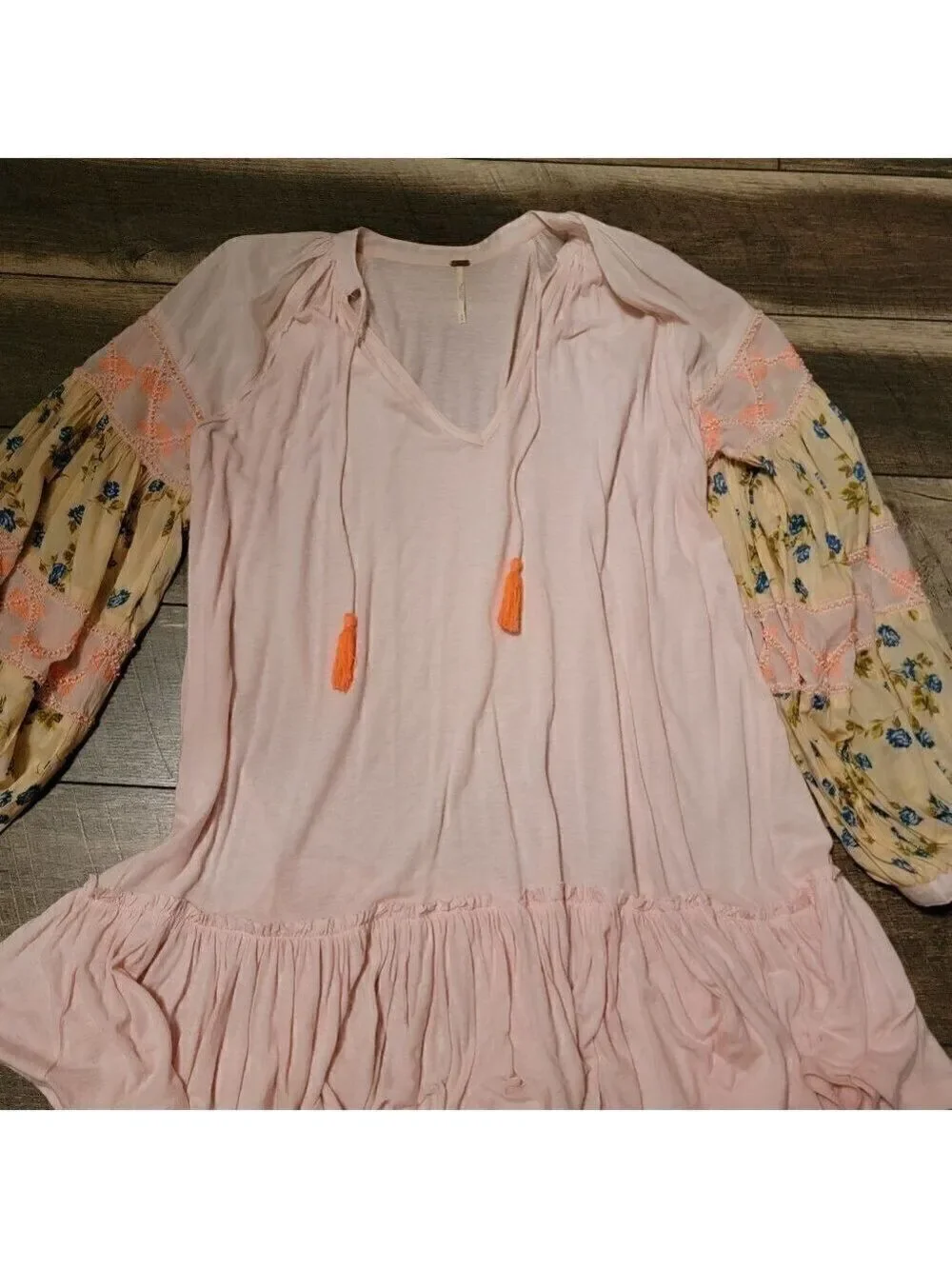 Free People pink dress with mixed material beaded/embroidered sleeves.